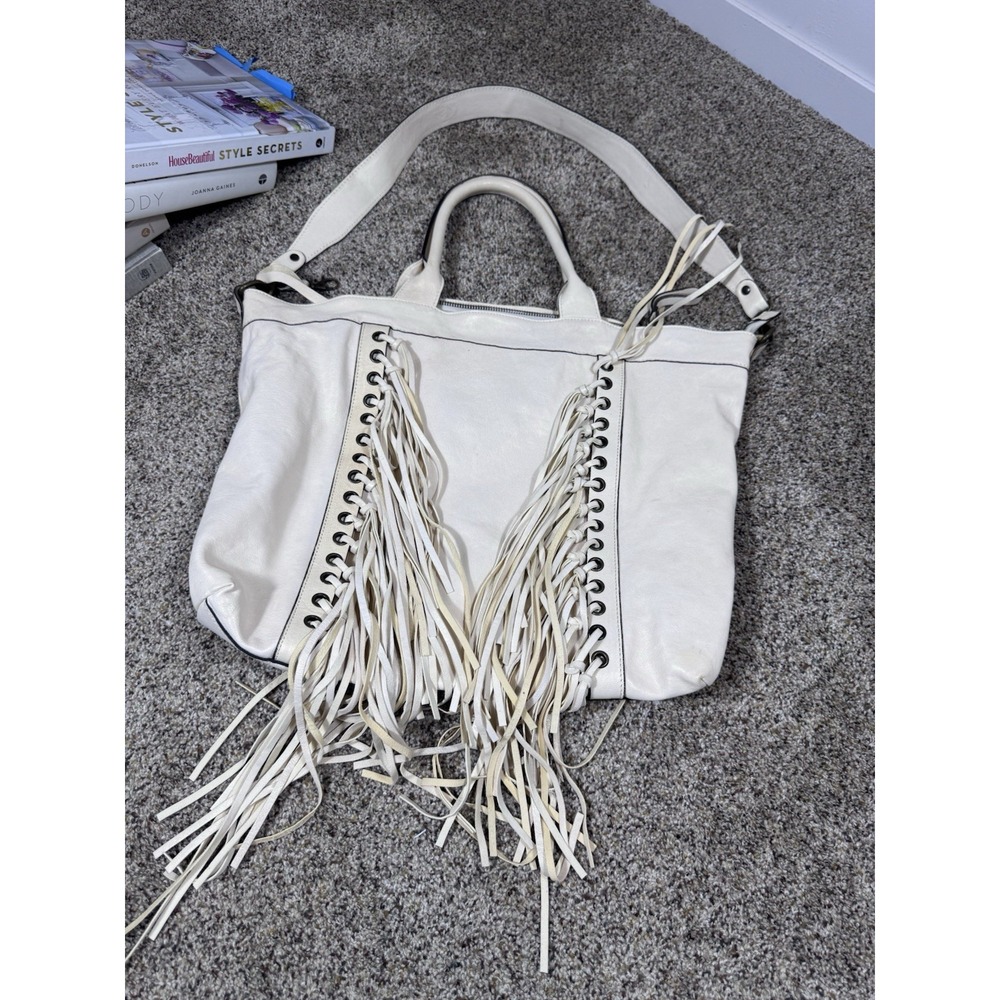 Johnny Was Italian White Metallic Leather Fringe Aria Tote Bag Crossbody Large